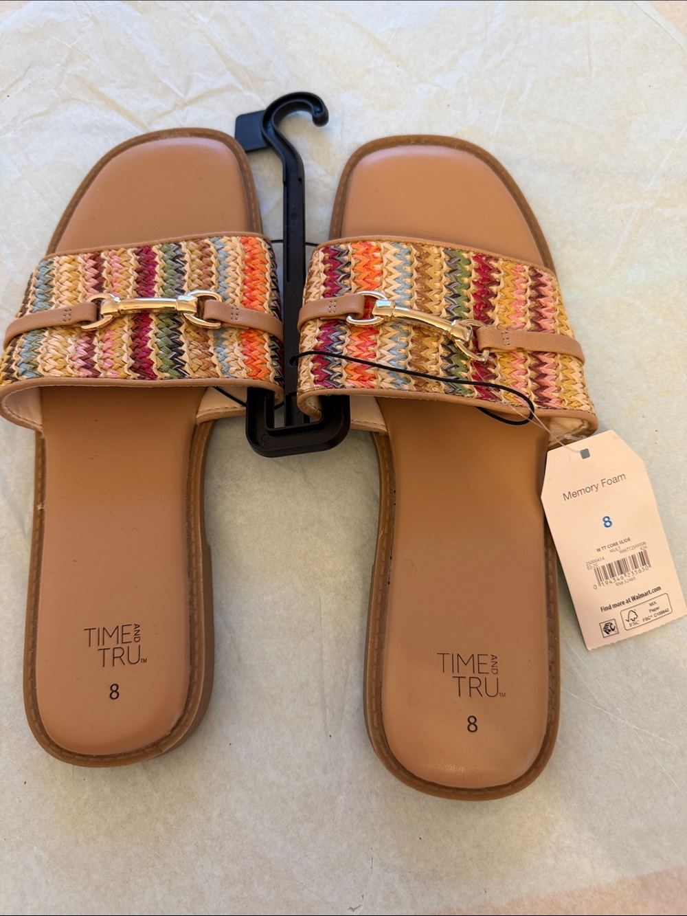New Time and Tru Multicolor Woven Slide Sandals - Tan Base (Size 8)